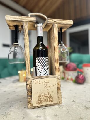 Drewniane Nosidło na Wino z Kieliszkami