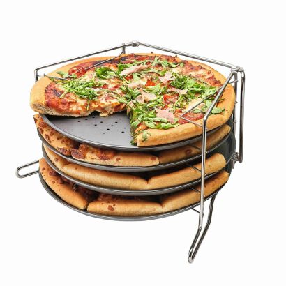 Zestaw 4 blach do pizzy Lecker 28cm na stojaku