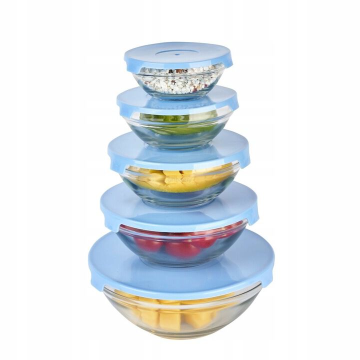 Komplet 5 misek szklanych z pokrywkami